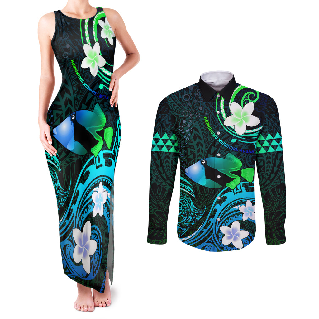 Personalised Hawaii Humuhumu Reef Triggerfish Couples Matching Tank Maxi Dress and Long Sleeve Button Shirt Turquoise With Plumeria LT05 Turquoise - Polynesian Pride