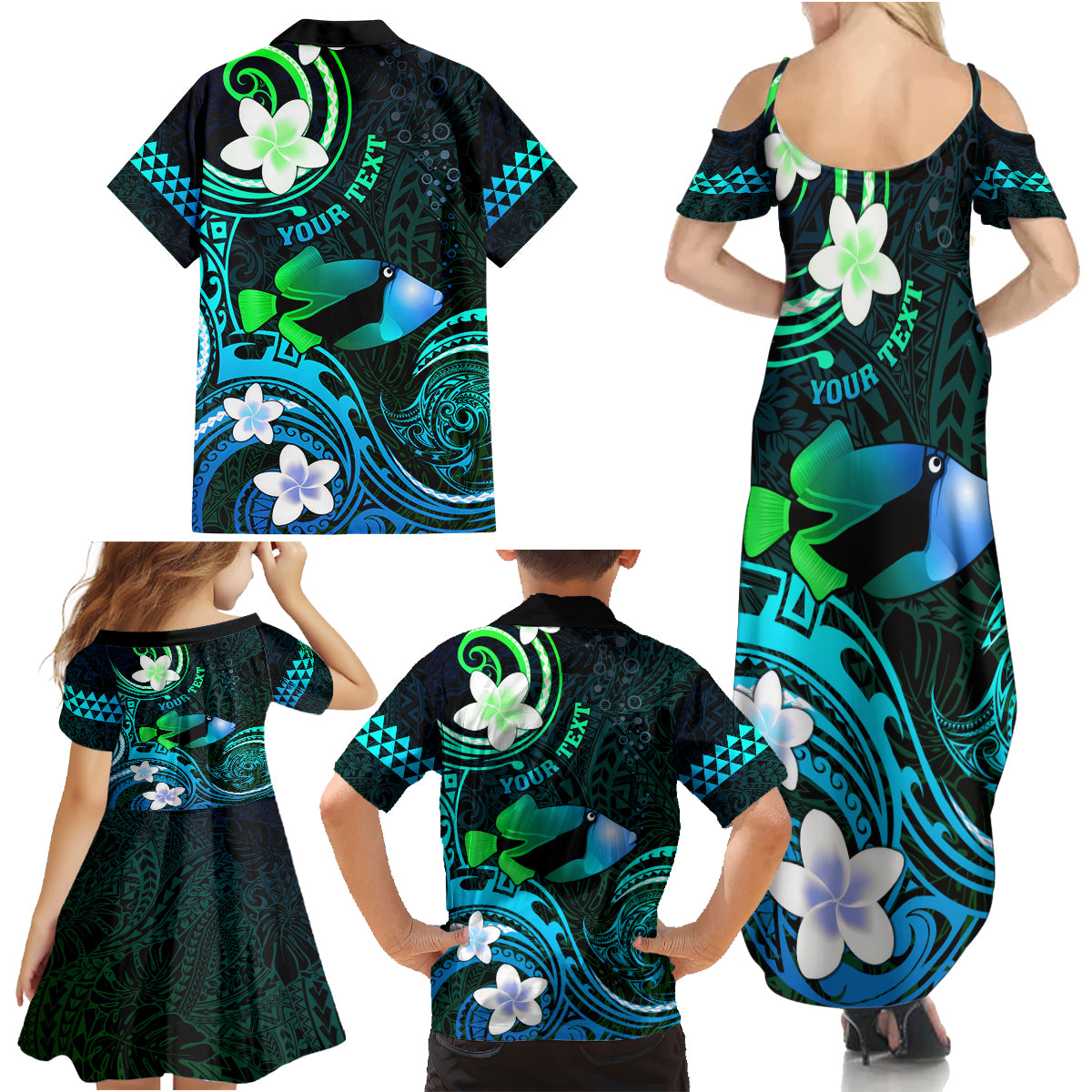 Personalised Hawaii Humuhumu Reef Triggerfish Family Matching Summer Maxi Dress and Hawaiian Shirt Turquoise With Plumeria LT05 - Polynesian Pride