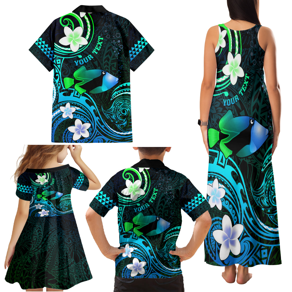 Personalised Hawaii Humuhumu Reef Triggerfish Family Matching Tank Maxi Dress and Hawaiian Shirt Turquoise With Plumeria LT05 - Polynesian Pride
