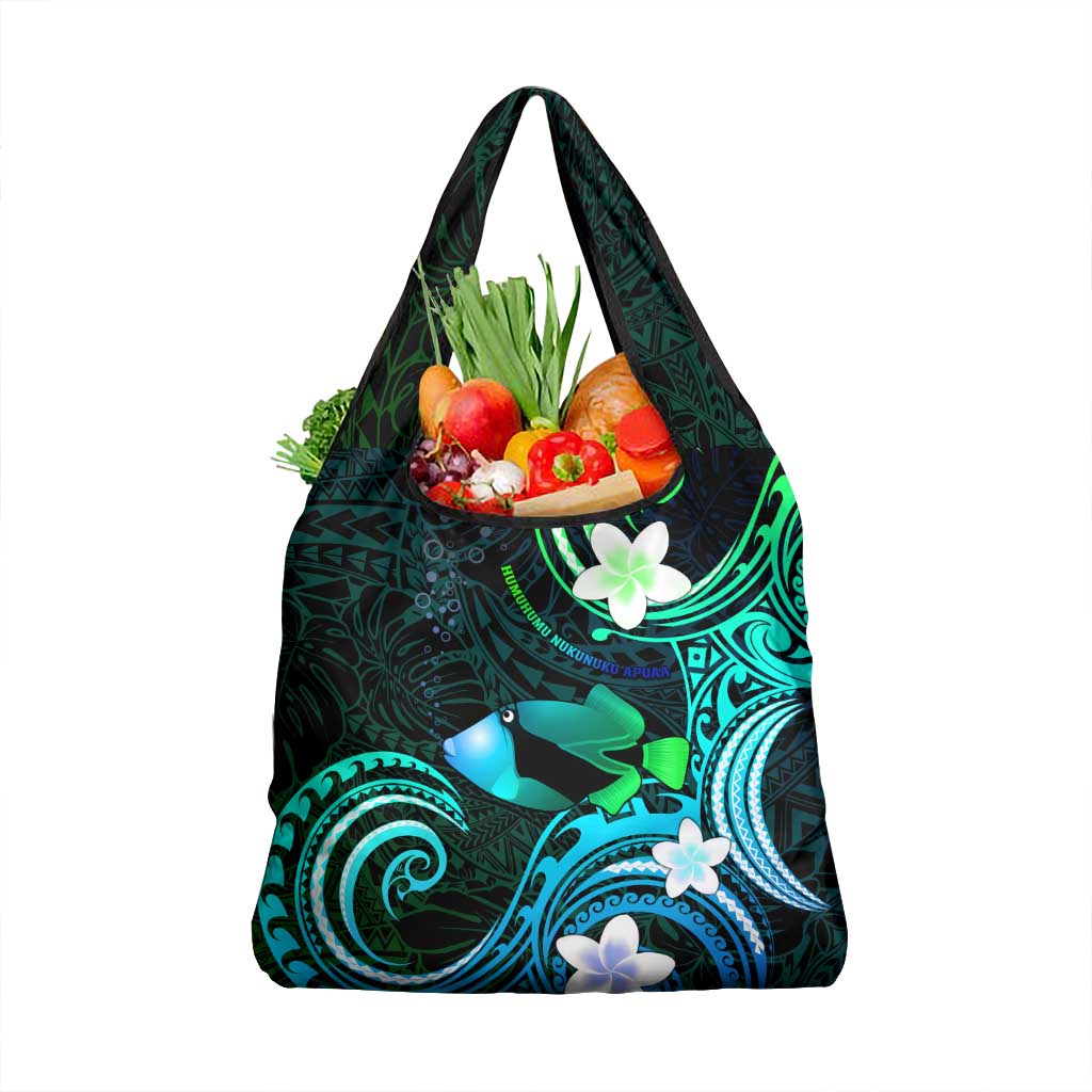 Hawaii Humuhumu Reef Triggerfish Grocery Bag Turquoise With Plumeria