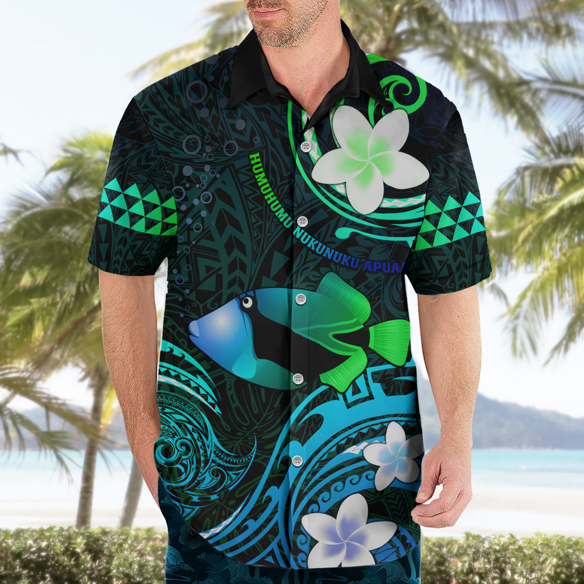 Personalised Hawaii Humuhumu Reef Triggerfish Hawaiian Shirt Turquoise With Plumeria LT05 - Polynesian Pride