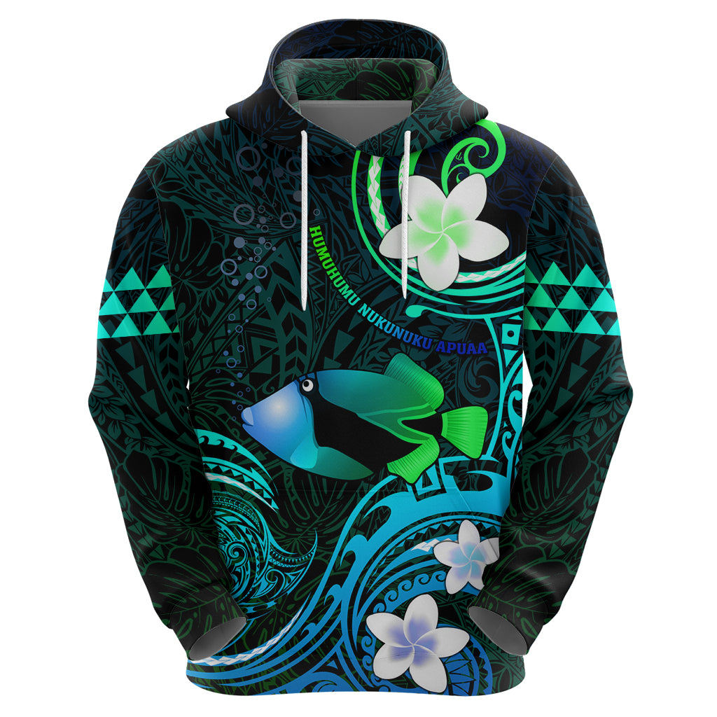 Personalised Hawaii Humuhumu Reef Triggerfish Hoodie Turquoise With Plumeria LT05 - Polynesian Pride