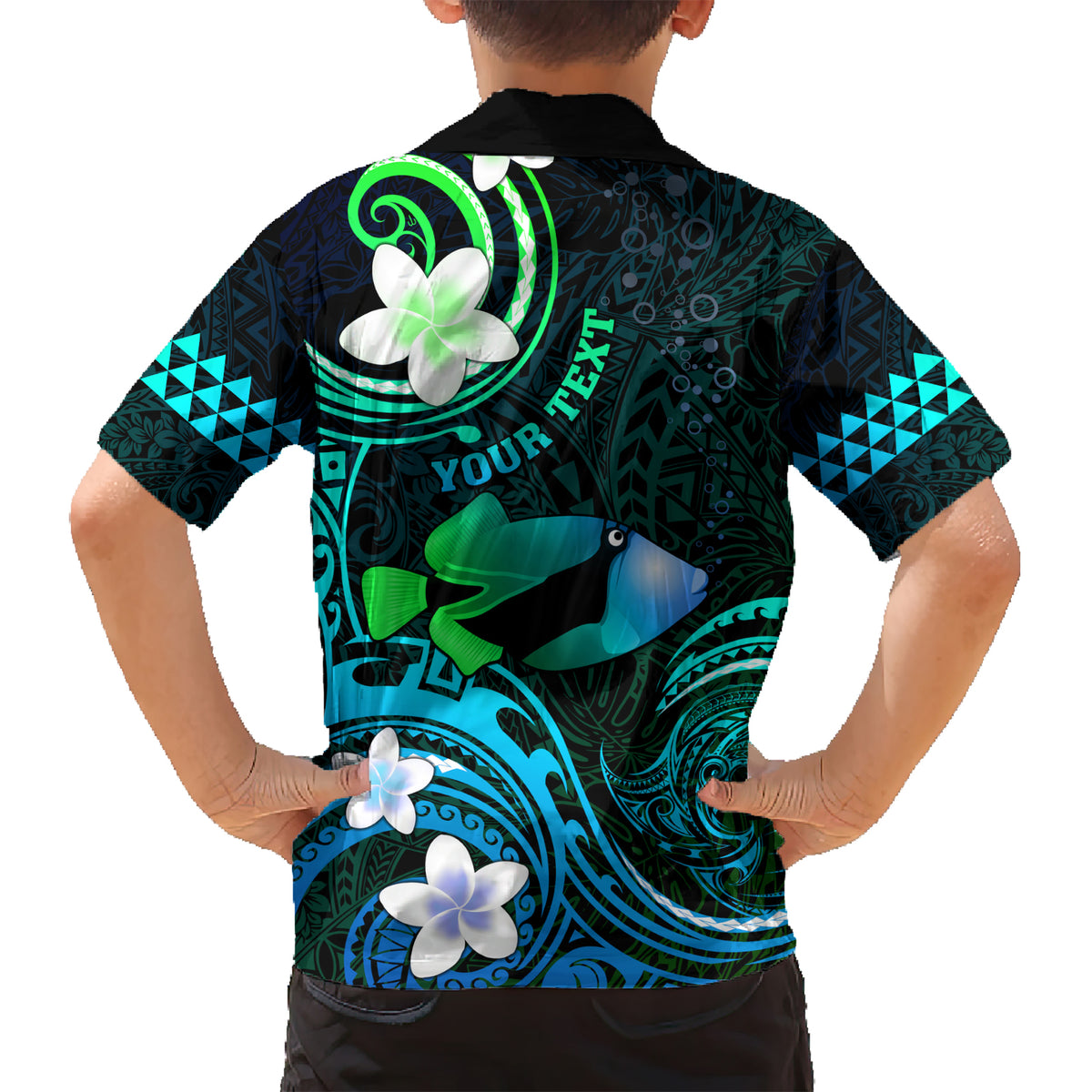Personalised Hawaii Humuhumu Reef Triggerfish Kid Hawaiian Shirt Turquoise With Plumeria LT05 - Polynesian Pride