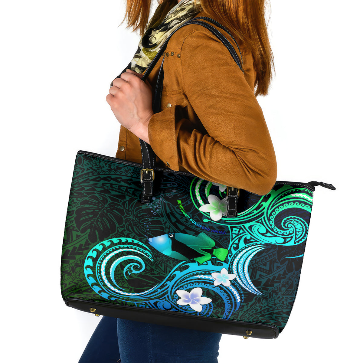 Hawaii Humuhumu Reef Triggerfish Leather Tote Bag Turquoise With Plumeria LT05 Turquoise - Polynesian Pride