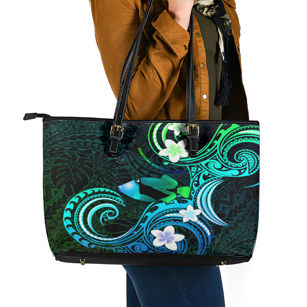 Hawaii Humuhumu Reef Triggerfish Leather Tote Bag Turquoise With Plumeria LT05 - Polynesian Pride