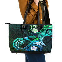 Hawaii Humuhumu Reef Triggerfish Leather Tote Bag Turquoise With Plumeria LT05 - Polynesian Pride