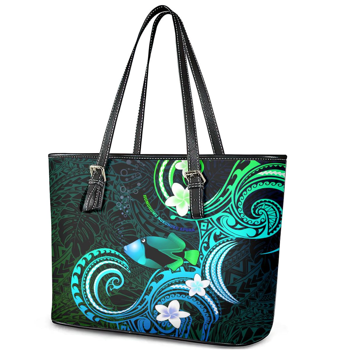 Hawaii Humuhumu Reef Triggerfish Leather Tote Bag Turquoise With Plumeria LT05 - Polynesian Pride