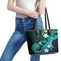Hawaii Humuhumu Reef Triggerfish Leather Tote Bag Turquoise With Plumeria LT05 - Polynesian Pride