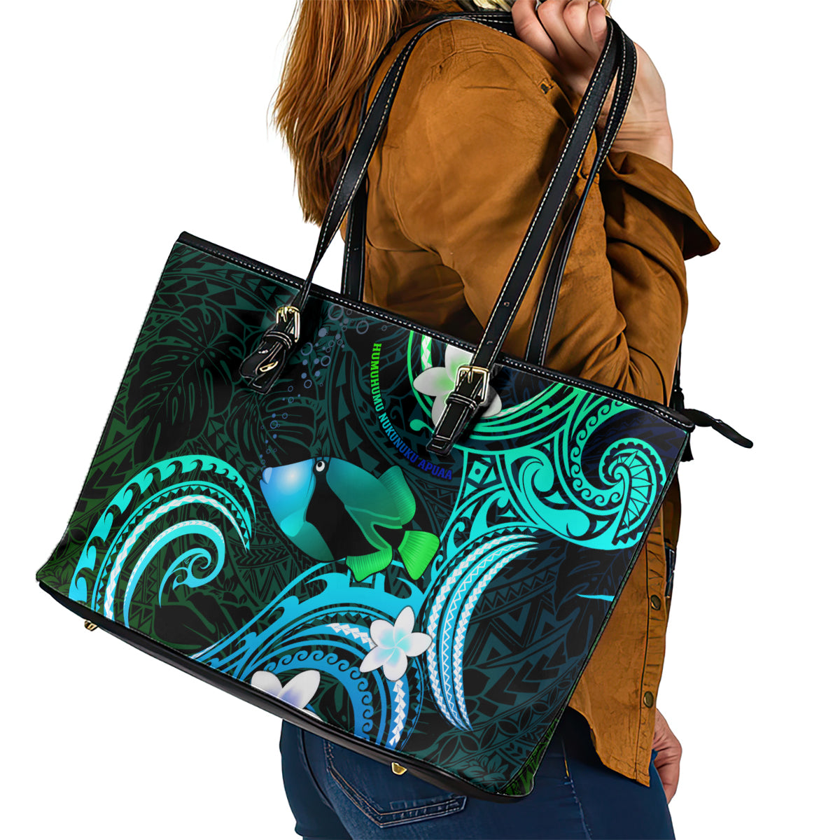 Hawaii Humuhumu Reef Triggerfish Leather Tote Bag Turquoise With Plumeria LT05 - Polynesian Pride