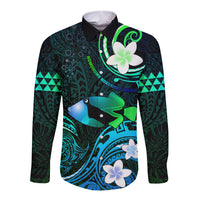 Personalised Hawaii Humuhumu Reef Triggerfish Long Sleeve Button Shirt Turquoise With Plumeria LT05 Unisex Turquoise - Polynesian Pride