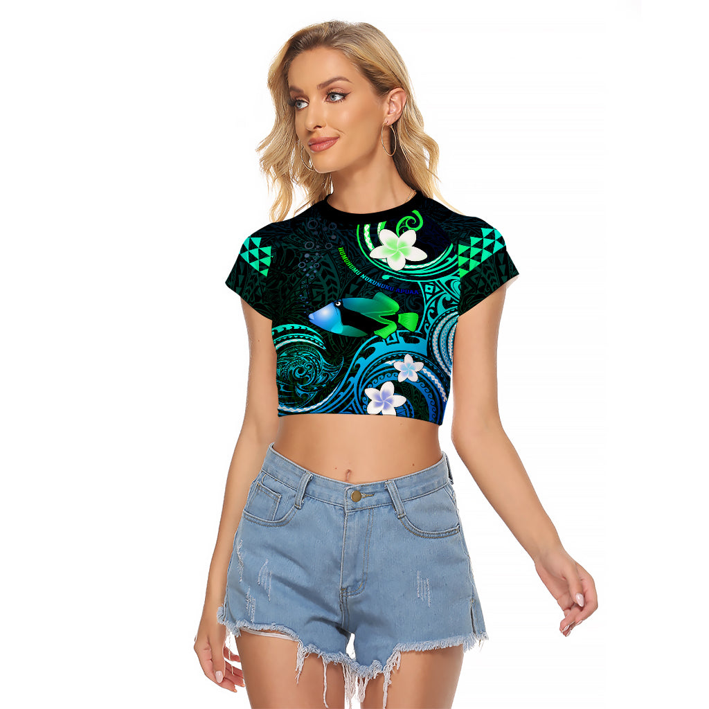 Personalised Hawaii Humuhumu Reef Triggerfish Raglan Cropped T Shirt Turquoise With Plumeria LT05 Female Turquoise - Polynesian Pride