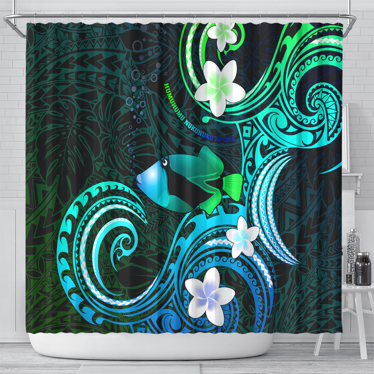 Hawaii Humuhumu Reef Triggerfish Shower Curtain Turquoise With Plumeria LT05 - Polynesian Pride