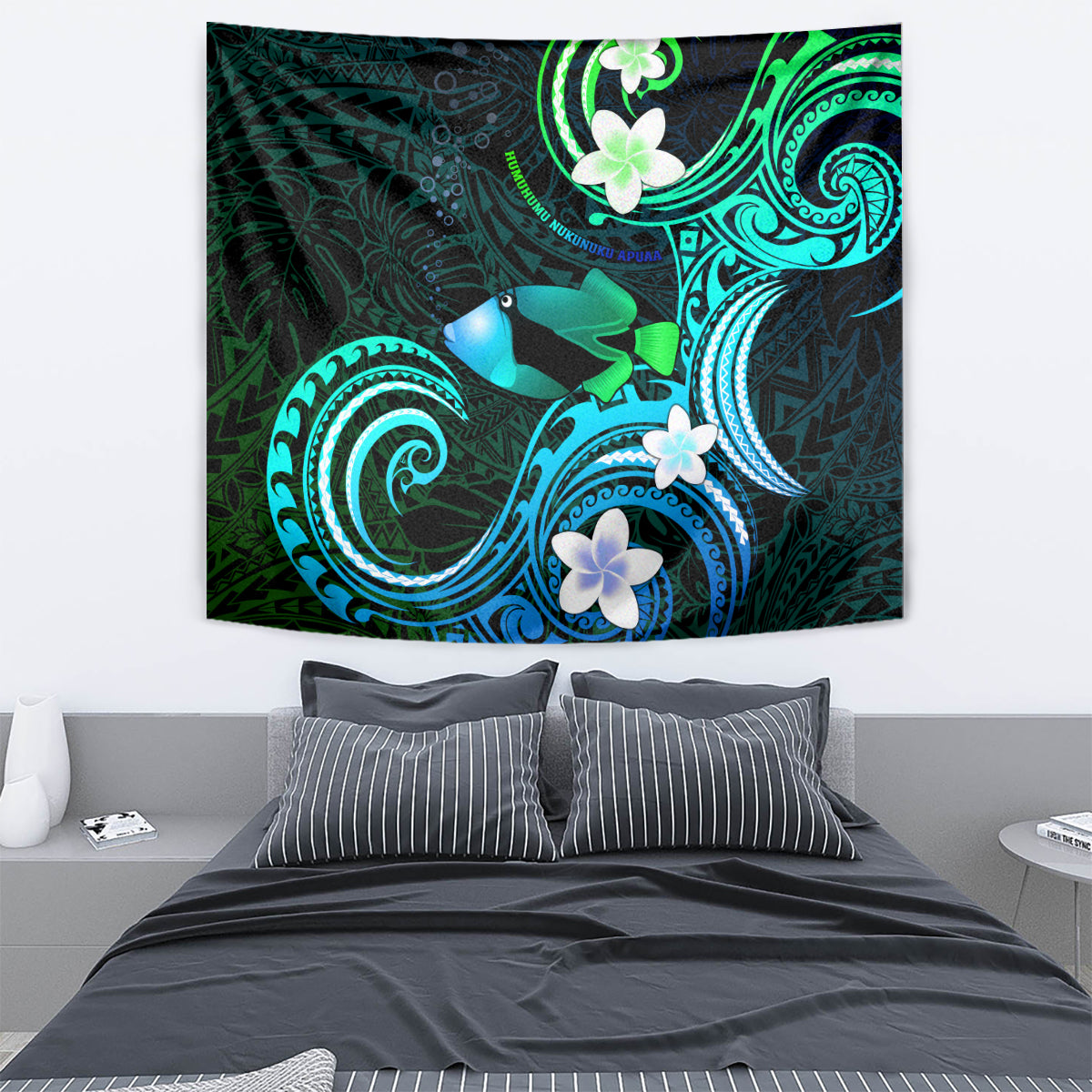 Hawaii Humuhumu Reef Triggerfish Tapestry Turquoise With Plumeria LT05 - Polynesian Pride