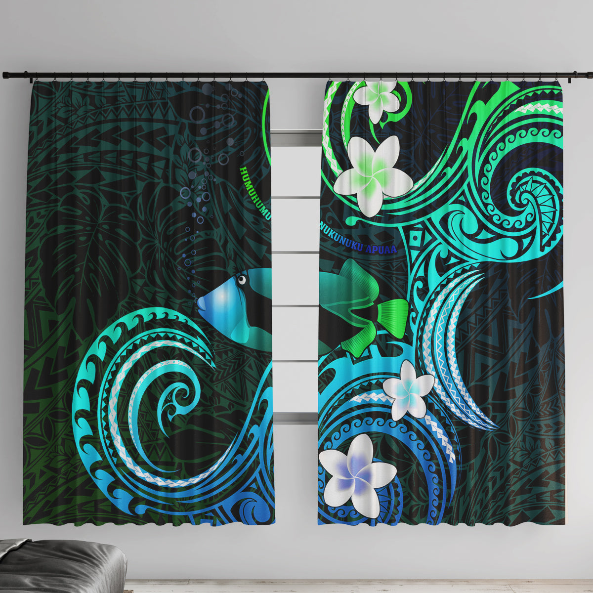 Hawaii Humuhumu Reef Triggerfish Window Curtain Turquoise With Plumeria LT05 With Hooks Turquoise - Polynesian Pride