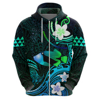 Personalised Hawaii Humuhumu Reef Triggerfish Zip Hoodie Turquoise With Plumeria LT05 - Polynesian Pride