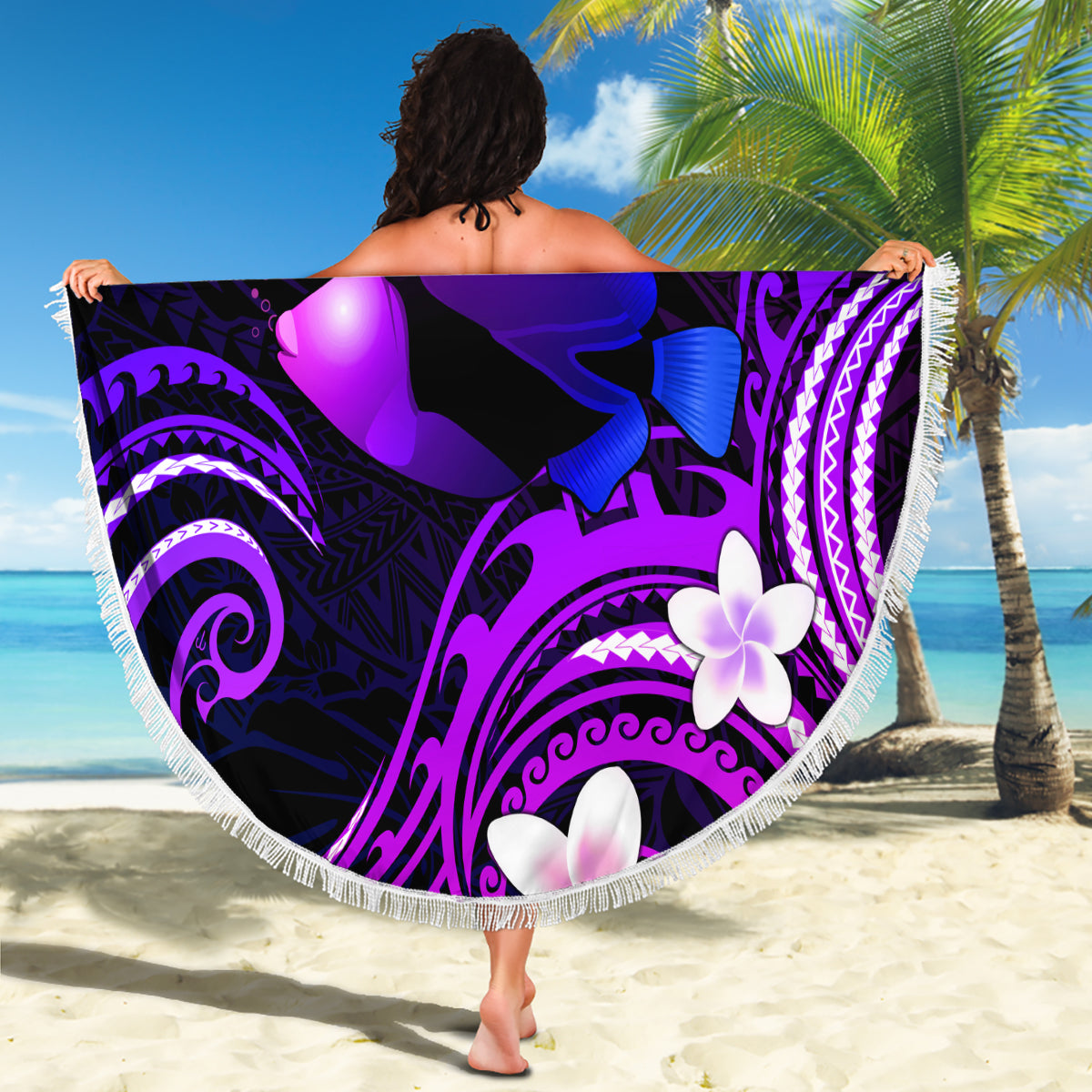 Hawaii Humuhumu Reef Triggerfish Beach Blanket Violet With Plumeria LT05 - Polynesian Pride