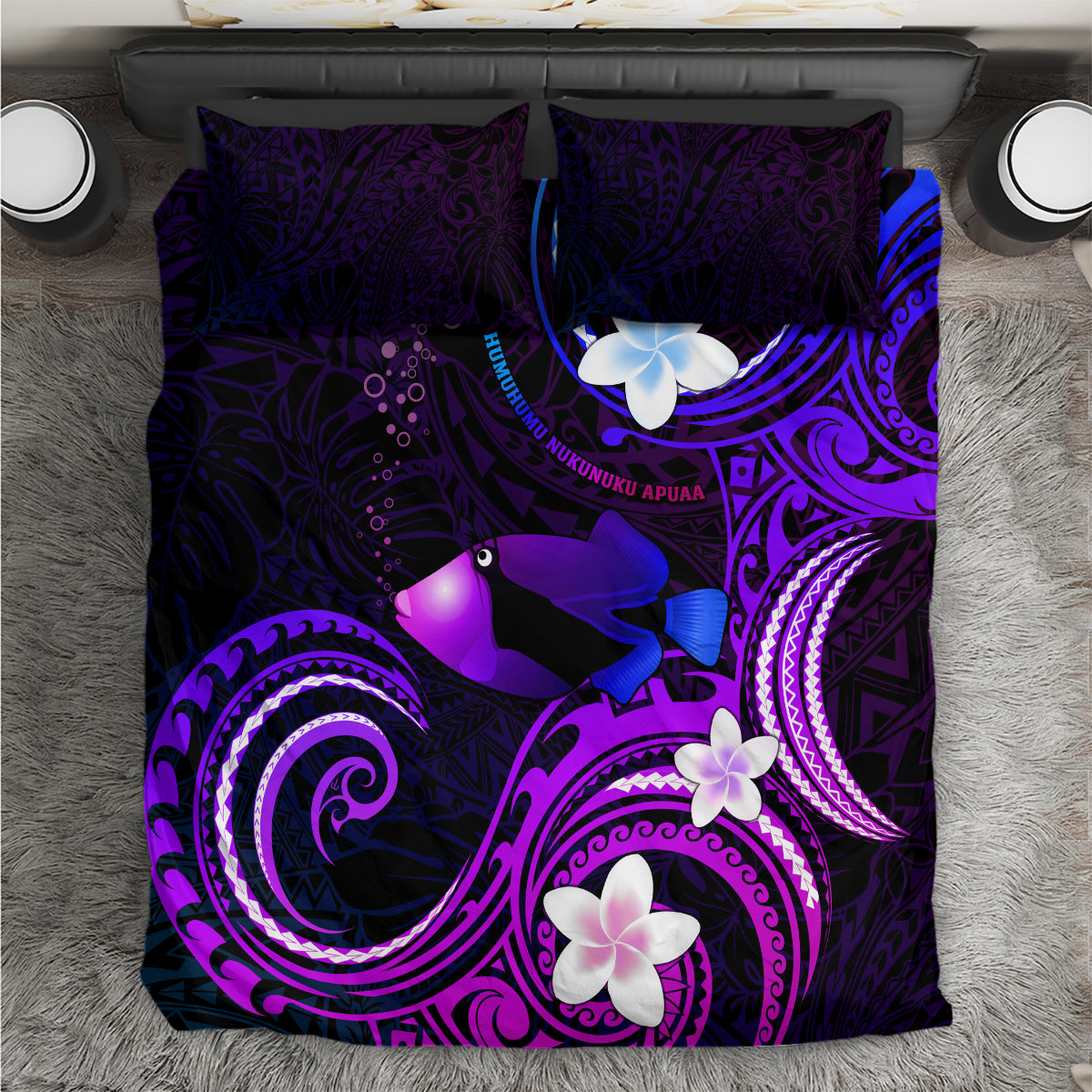 Hawaii Humuhumu Reef Triggerfish Bedding Set Violet With Plumeria LT05 Violet - Polynesian Pride
