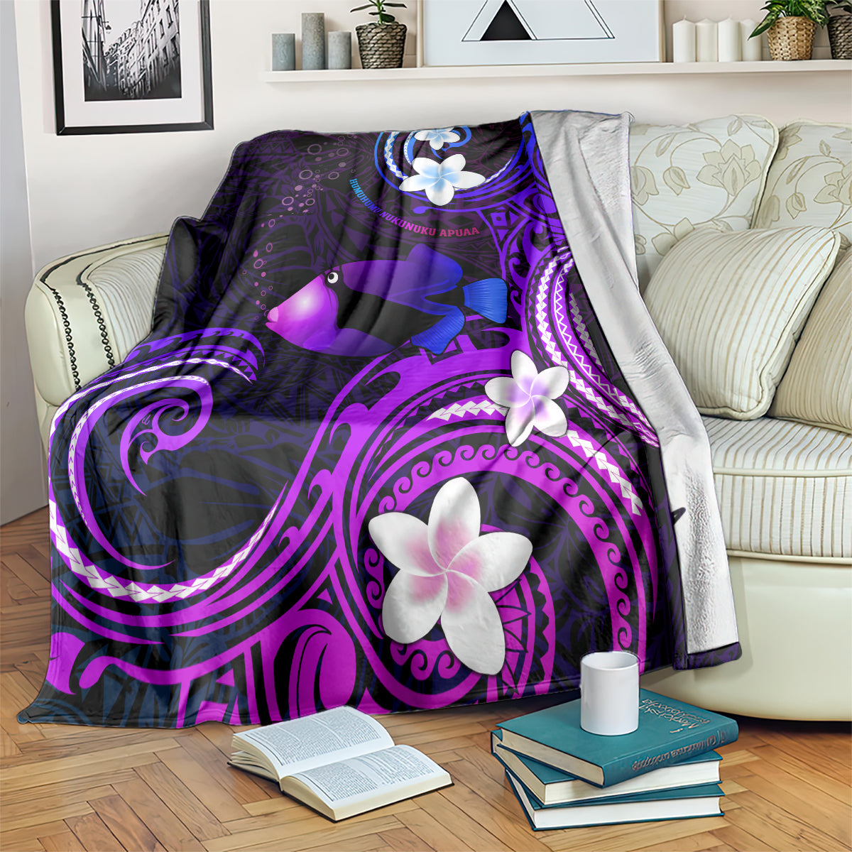 Hawaii Humuhumu Reef Triggerfish Blanket Violet With Plumeria LT05 - Polynesian Pride