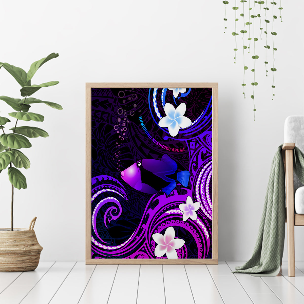 Hawaii Humuhumu Reef Triggerfish Canvas Wall Art Violet With Plumeria LT05 - Polynesian Pride