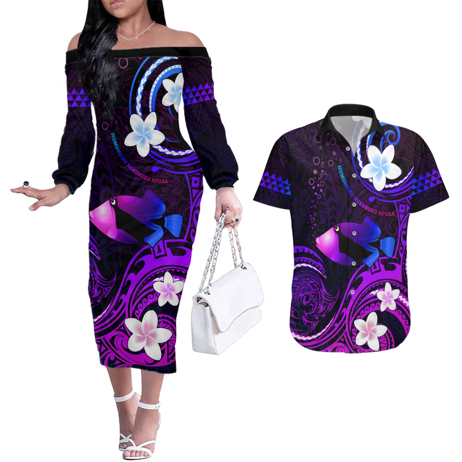 Personalised Hawaii Humuhumu Reef Triggerfish Couples Matching Off The Shoulder Long Sleeve Dress and Hawaiian Shirt Violet With Plumeria LT05 Violet - Polynesian Pride