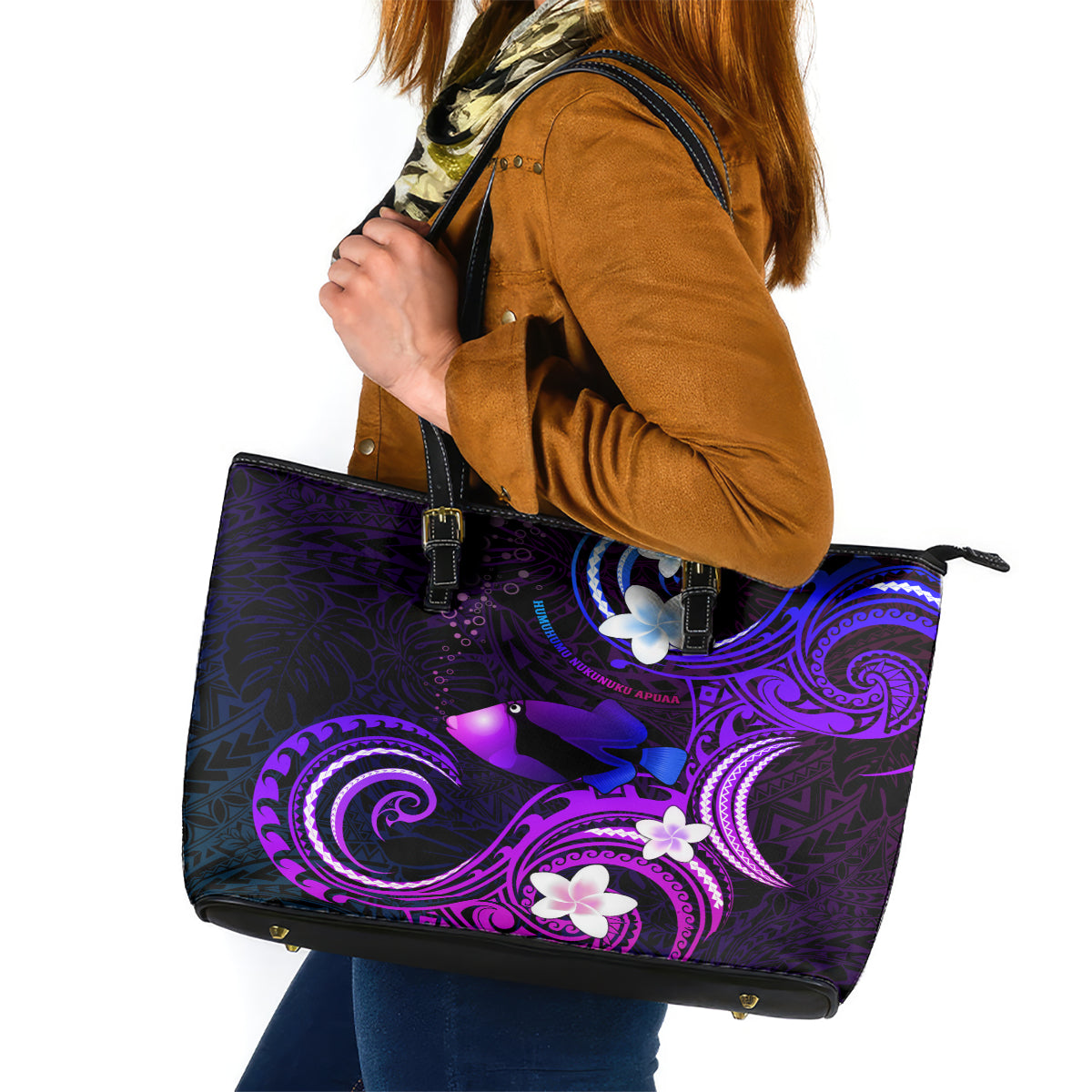 Hawaii Humuhumu Reef Triggerfish Leather Tote Bag Violet With Plumeria LT05 Violet - Polynesian Pride