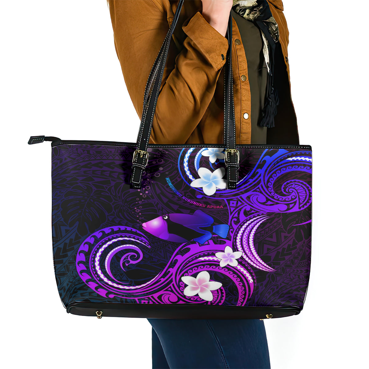 Hawaii Humuhumu Reef Triggerfish Leather Tote Bag Violet With Plumeria LT05 - Polynesian Pride