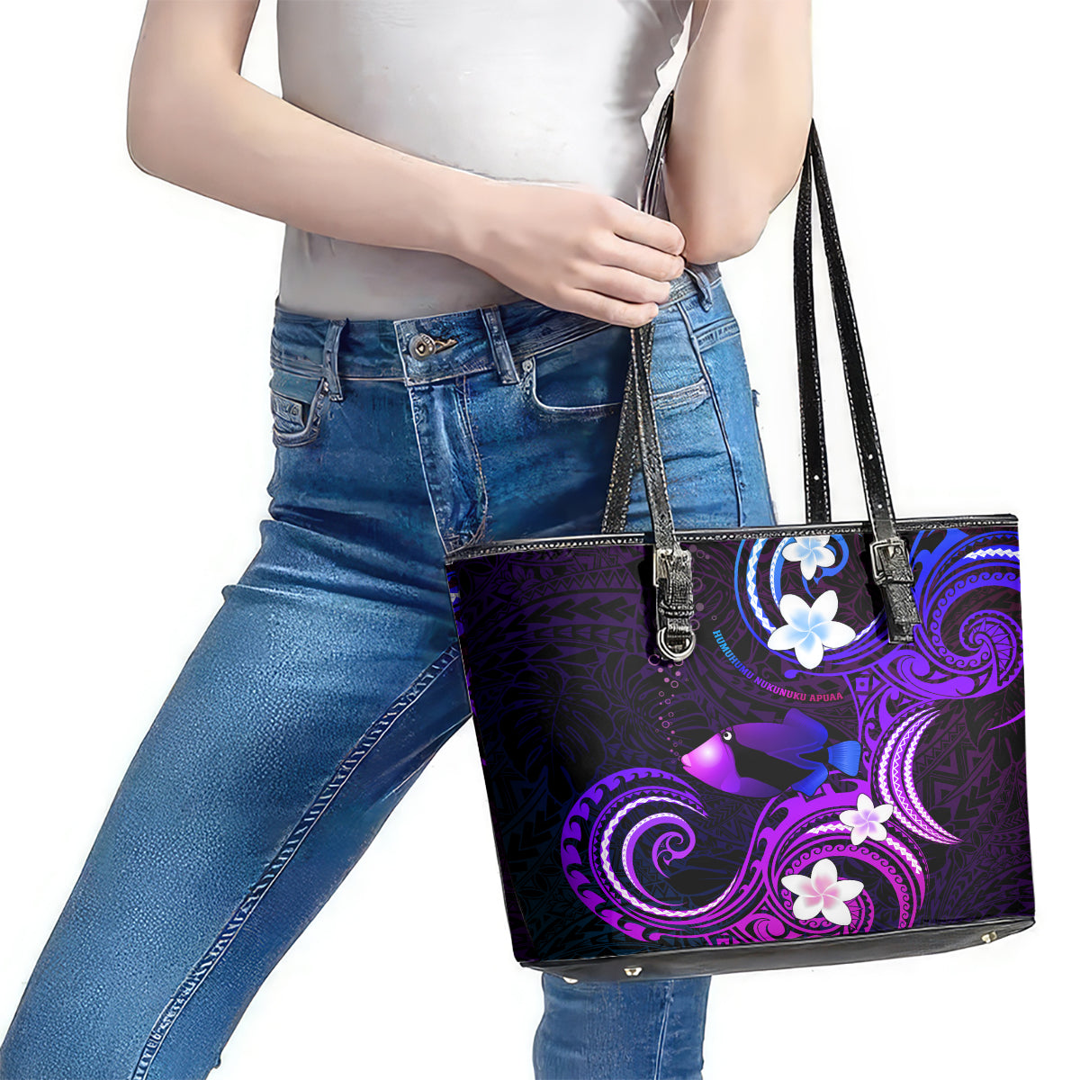 Hawaii Humuhumu Reef Triggerfish Leather Tote Bag Violet With Plumeria LT05 - Polynesian Pride