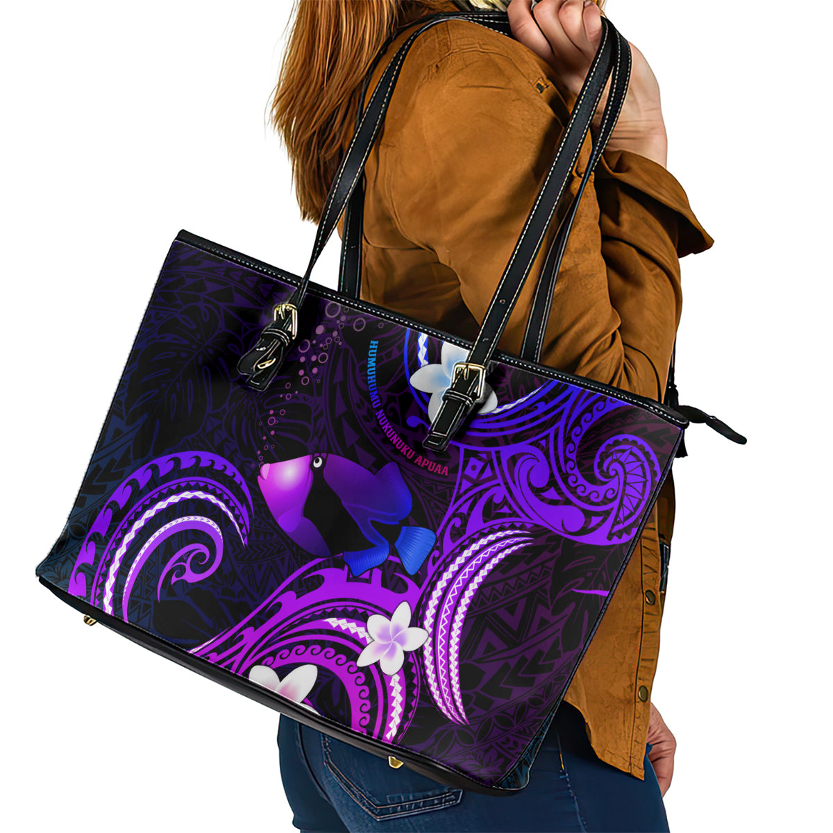 Hawaii Humuhumu Reef Triggerfish Leather Tote Bag Violet With Plumeria LT05 - Polynesian Pride