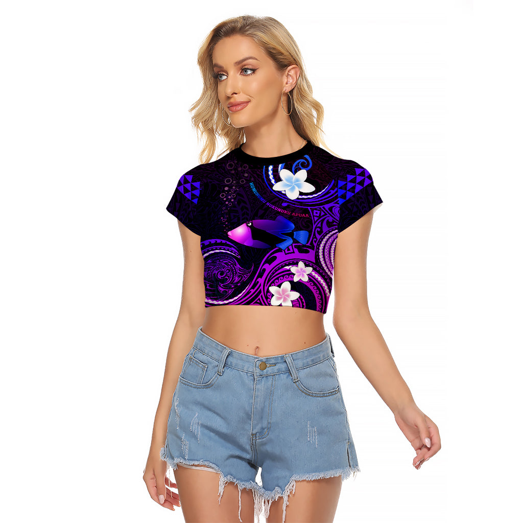 Personalised Hawaii Humuhumu Reef Triggerfish Raglan Cropped T Shirt Violet With Plumeria LT05 Female Violet - Polynesian Pride