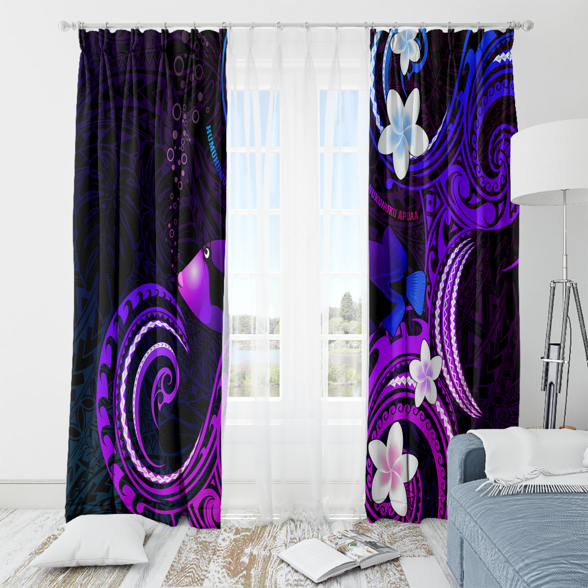 Hawaii Humuhumu Reef Triggerfish Window Curtain Violet With Plumeria LT05 - Polynesian Pride