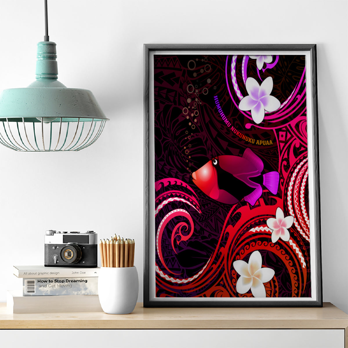 Hawaii Humuhumu Reef Triggerfish Canvas Wall Art Maroon With Plumeria LT05 - Polynesian Pride