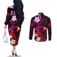 Personalised Hawaii Humuhumu Reef Triggerfish Couples Matching Off The Shoulder Long Sleeve Dress and Long Sleeve Button Shirt Maroon With Plumeria LT05 - Polynesian Pride