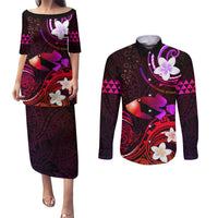 Personalised Hawaii Humuhumu Reef Triggerfish Couples Matching Puletasi and Long Sleeve Button Shirt Maroon With Plumeria LT05 Maroon - Polynesian Pride