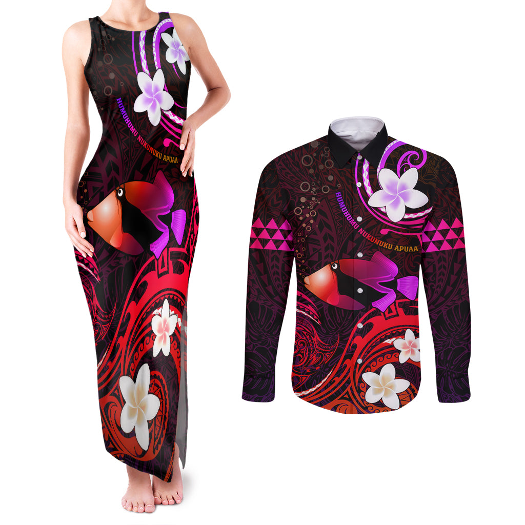 Personalised Hawaii Humuhumu Reef Triggerfish Couples Matching Tank Maxi Dress and Long Sleeve Button Shirt Maroon With Plumeria LT05 Maroon - Polynesian Pride