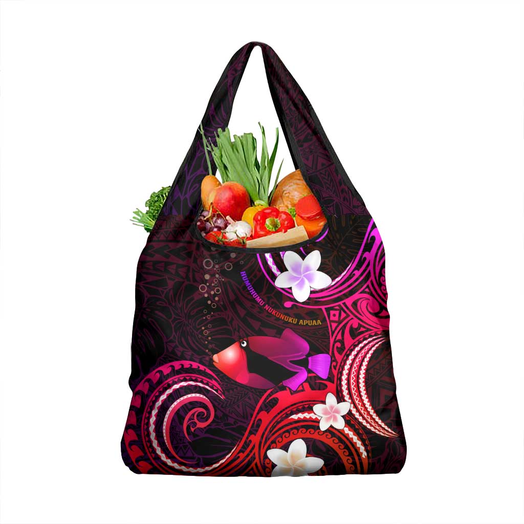 Hawaii Humuhumu Reef Triggerfish Grocery Bag Maroon With Plumeria