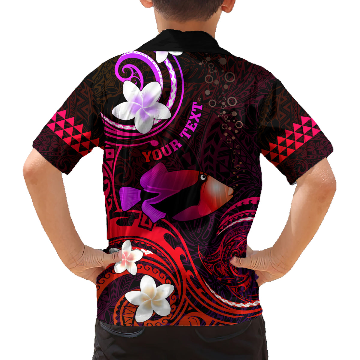 Personalised Hawaii Humuhumu Reef Triggerfish Kid Hawaiian Shirt Maroon With Plumeria LT05 - Polynesian Pride