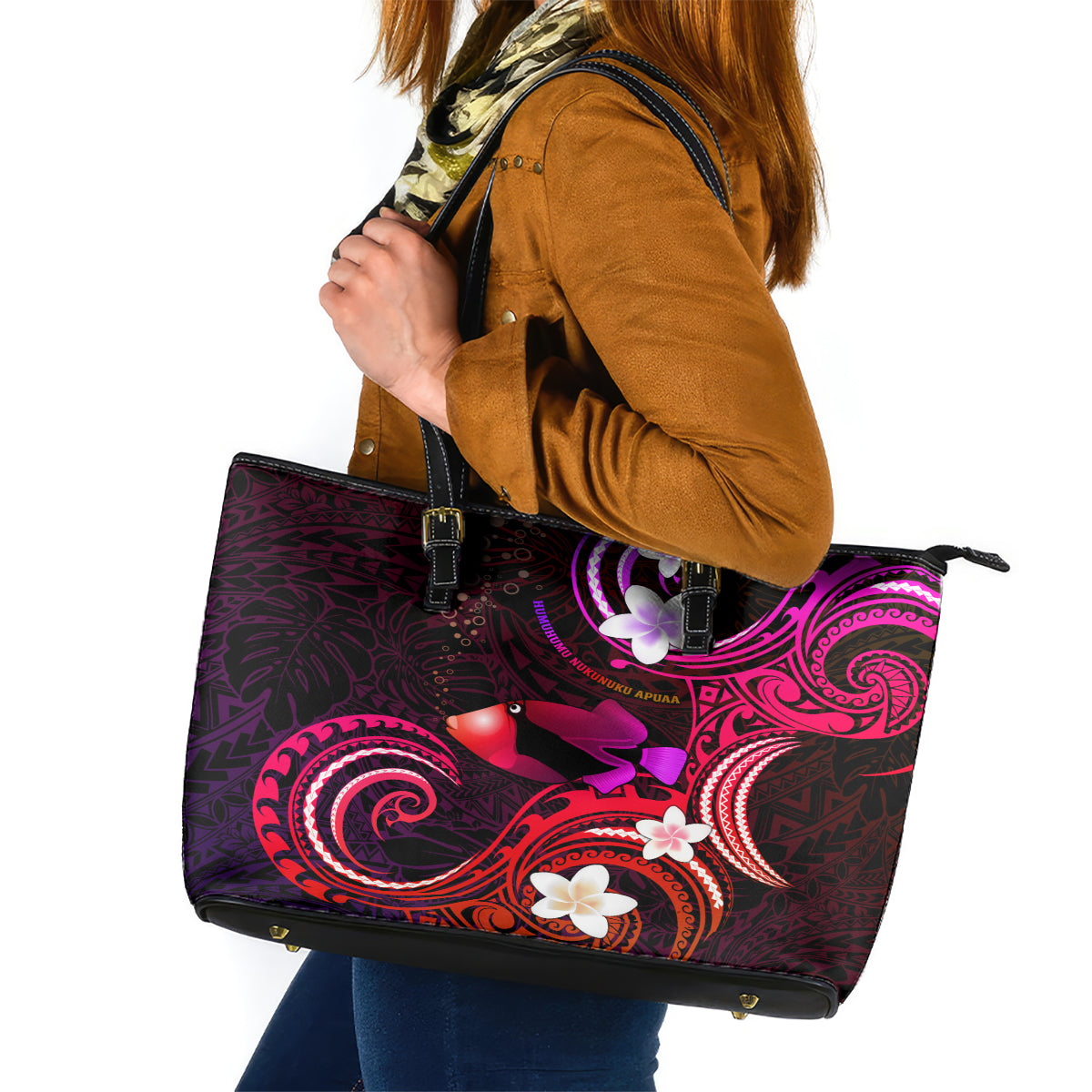 Hawaii Humuhumu Reef Triggerfish Leather Tote Bag Maroon With Plumeria LT05 Maroon - Polynesian Pride