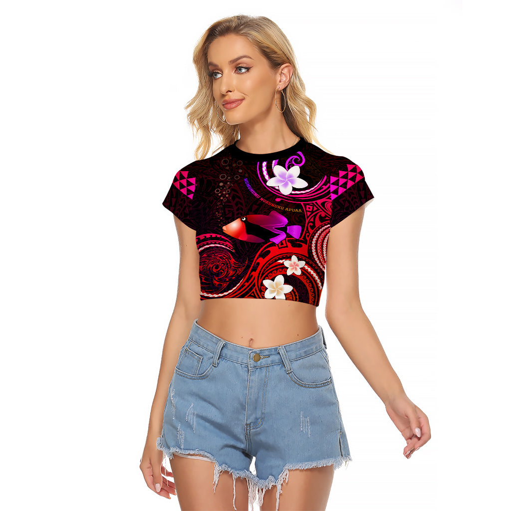 Personalised Hawaii Humuhumu Reef Triggerfish Raglan Cropped T Shirt Maroon With Plumeria LT05 Female Maroon - Polynesian Pride