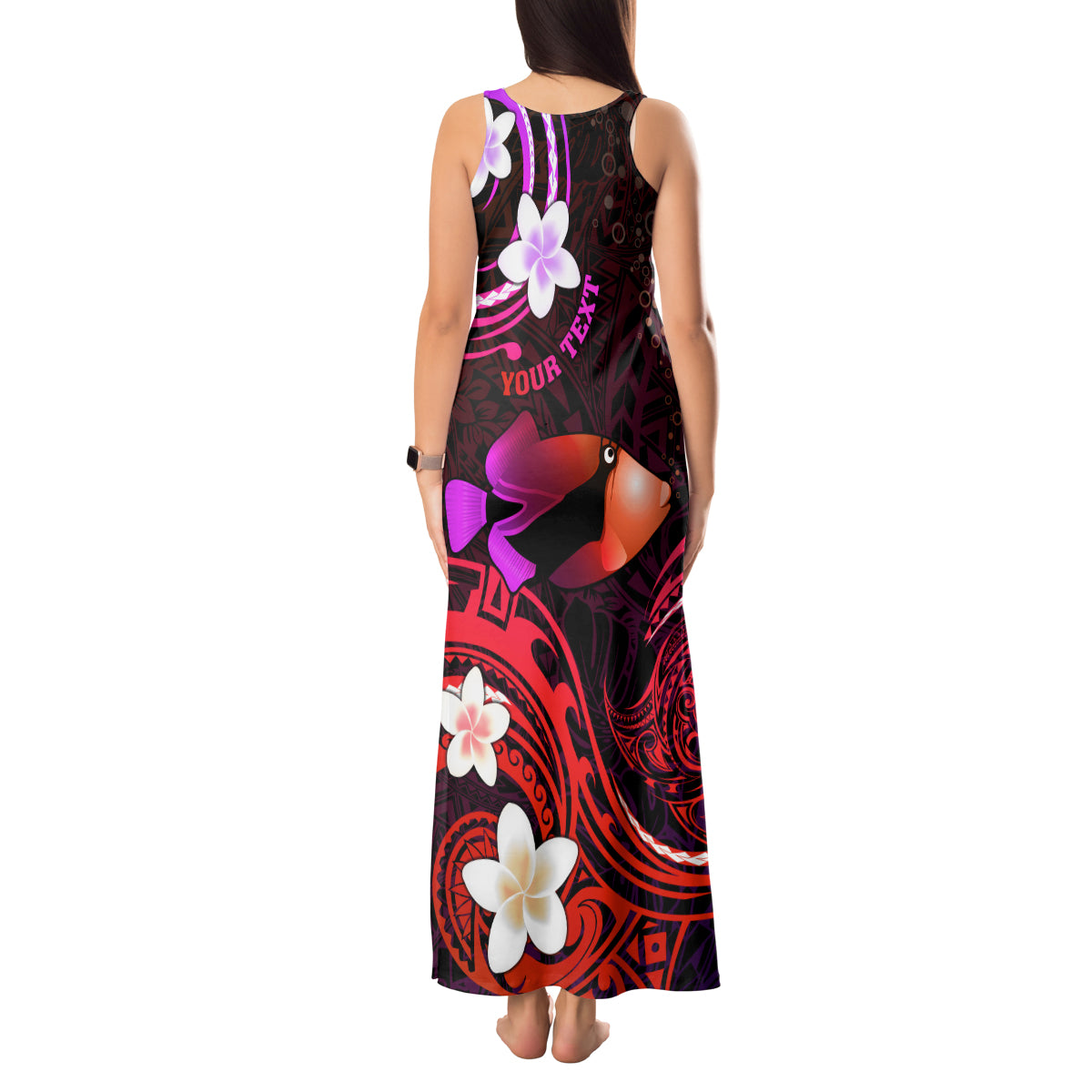 Personalised Hawaii Humuhumu Reef Triggerfish Tank Maxi Dress Maroon With Plumeria LT05 - Polynesian Pride