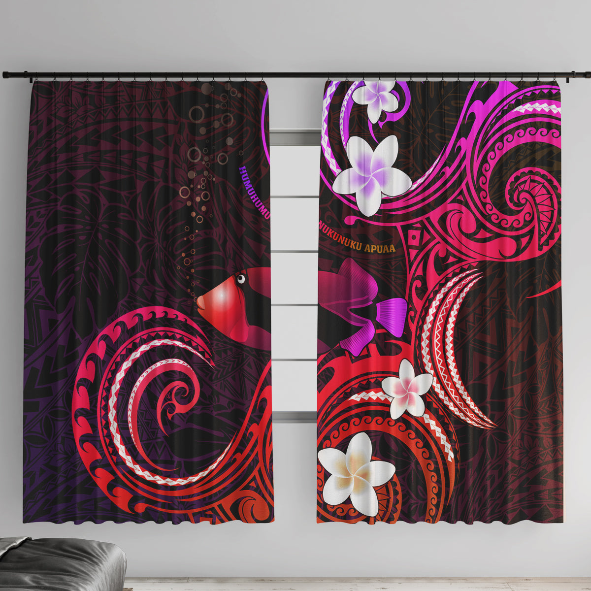 Hawaii Humuhumu Reef Triggerfish Window Curtain Maroon With Plumeria LT05 With Hooks Maroon - Polynesian Pride