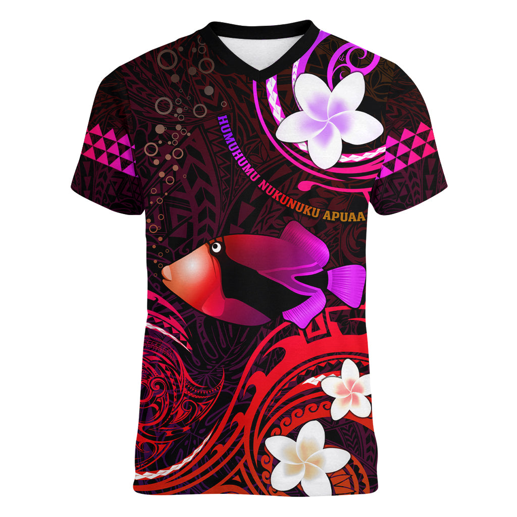 Personalised Hawaii Humuhumu Reef Triggerfish Women V Neck T Shirt Maroon With Plumeria LT05 Female Maroon - Polynesian Pride