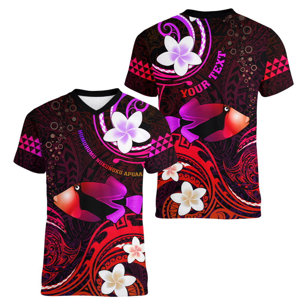 Personalised Hawaii Humuhumu Reef Triggerfish Women V Neck T Shirt Maroon With Plumeria LT05 - Polynesian Pride