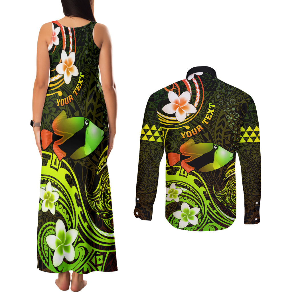Personalised Hawaii Humuhumu Reef Triggerfish Couples Matching Tank Maxi Dress and Long Sleeve Button Shirt Reggae With Plumeria LT05 - Polynesian Pride