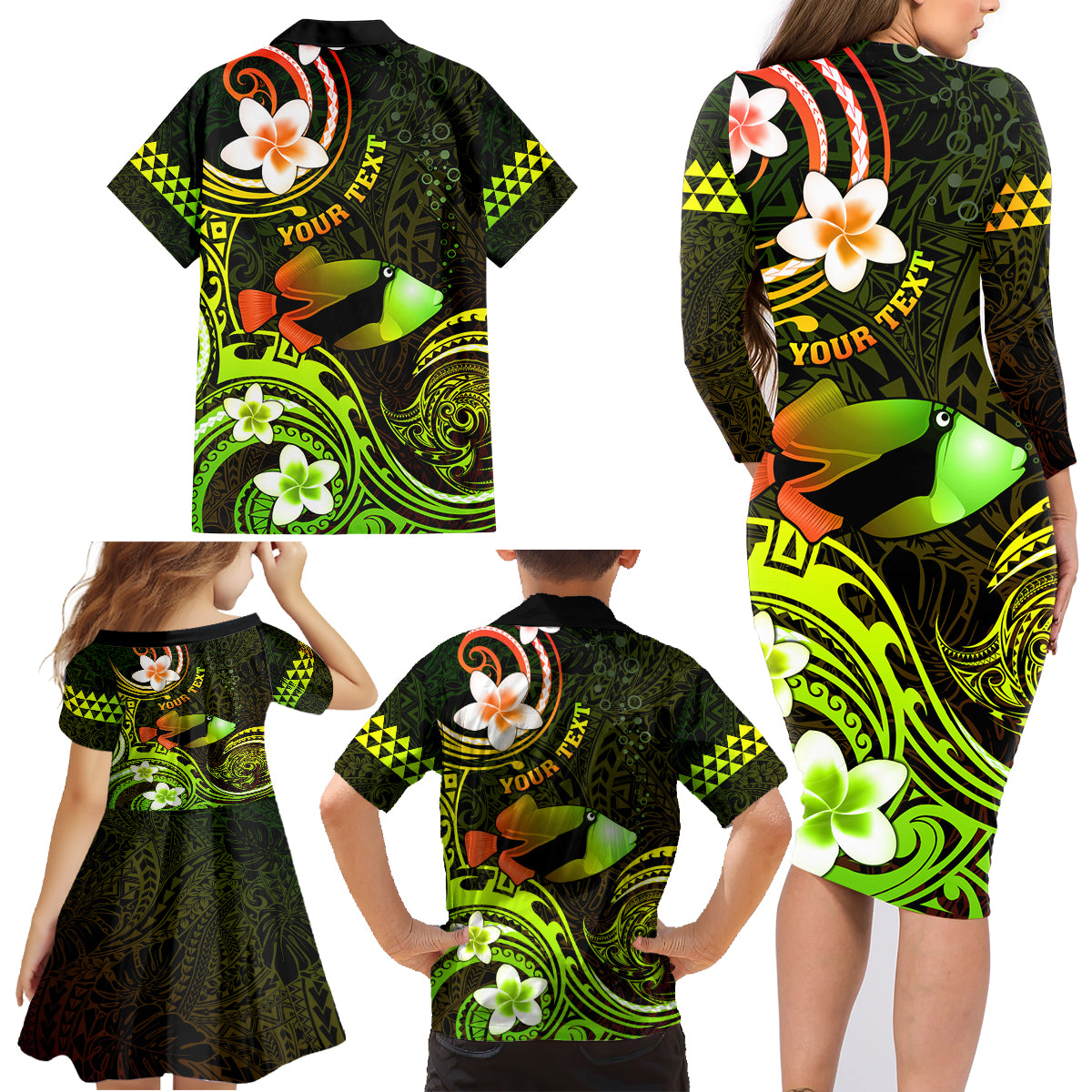 Personalised Hawaii Humuhumu Reef Triggerfish Family Matching Long Sleeve Bodycon Dress and Hawaiian Shirt Reggae With Plumeria LT05 - Polynesian Pride
