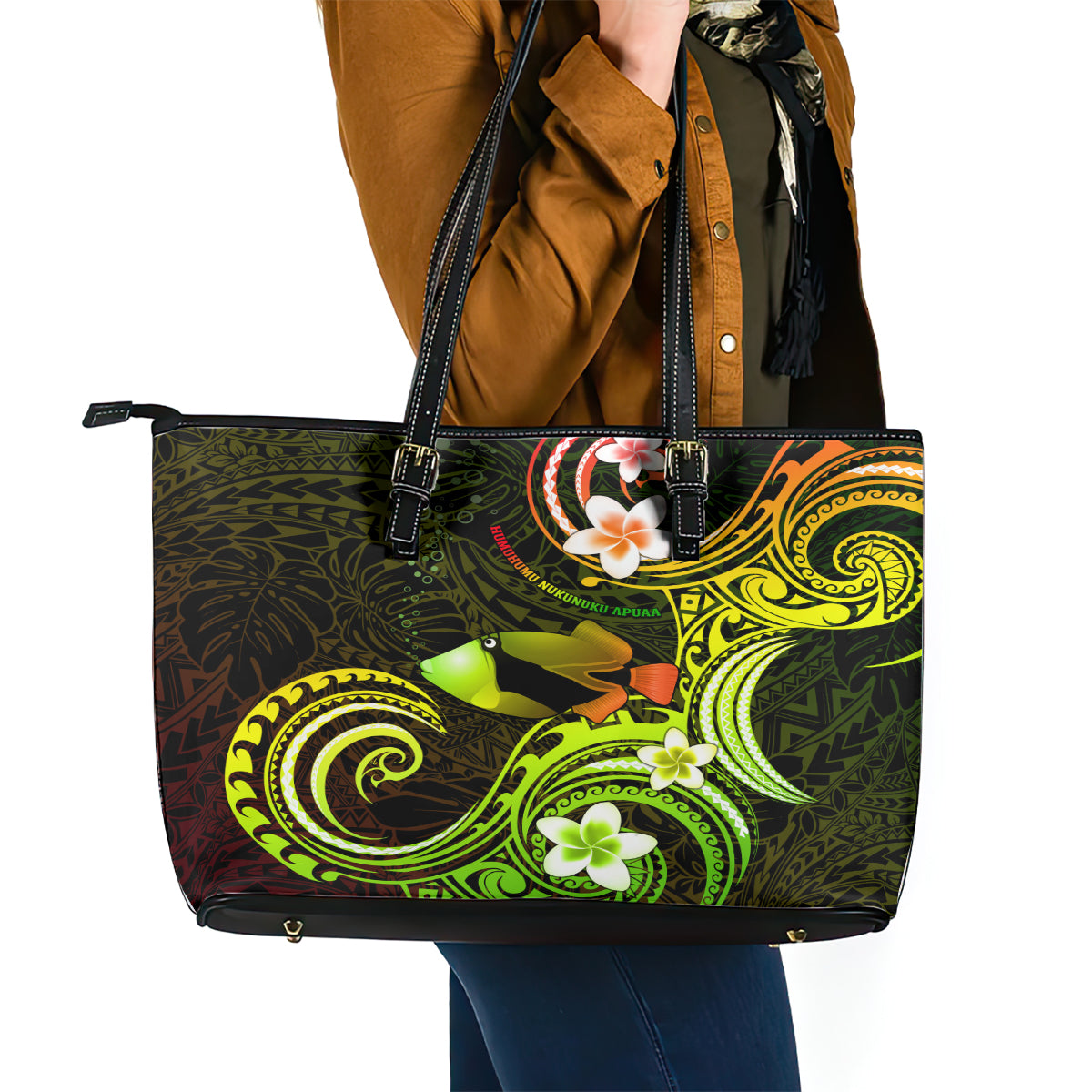 Hawaii Humuhumu Reef Triggerfish Leather Tote Bag Reggae With Plumeria LT05 - Polynesian Pride