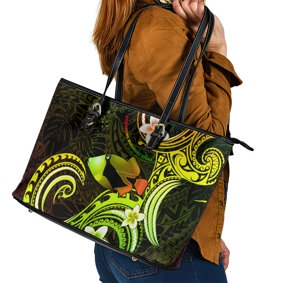 Hawaii Humuhumu Reef Triggerfish Leather Tote Bag Reggae With Plumeria LT05 - Polynesian Pride