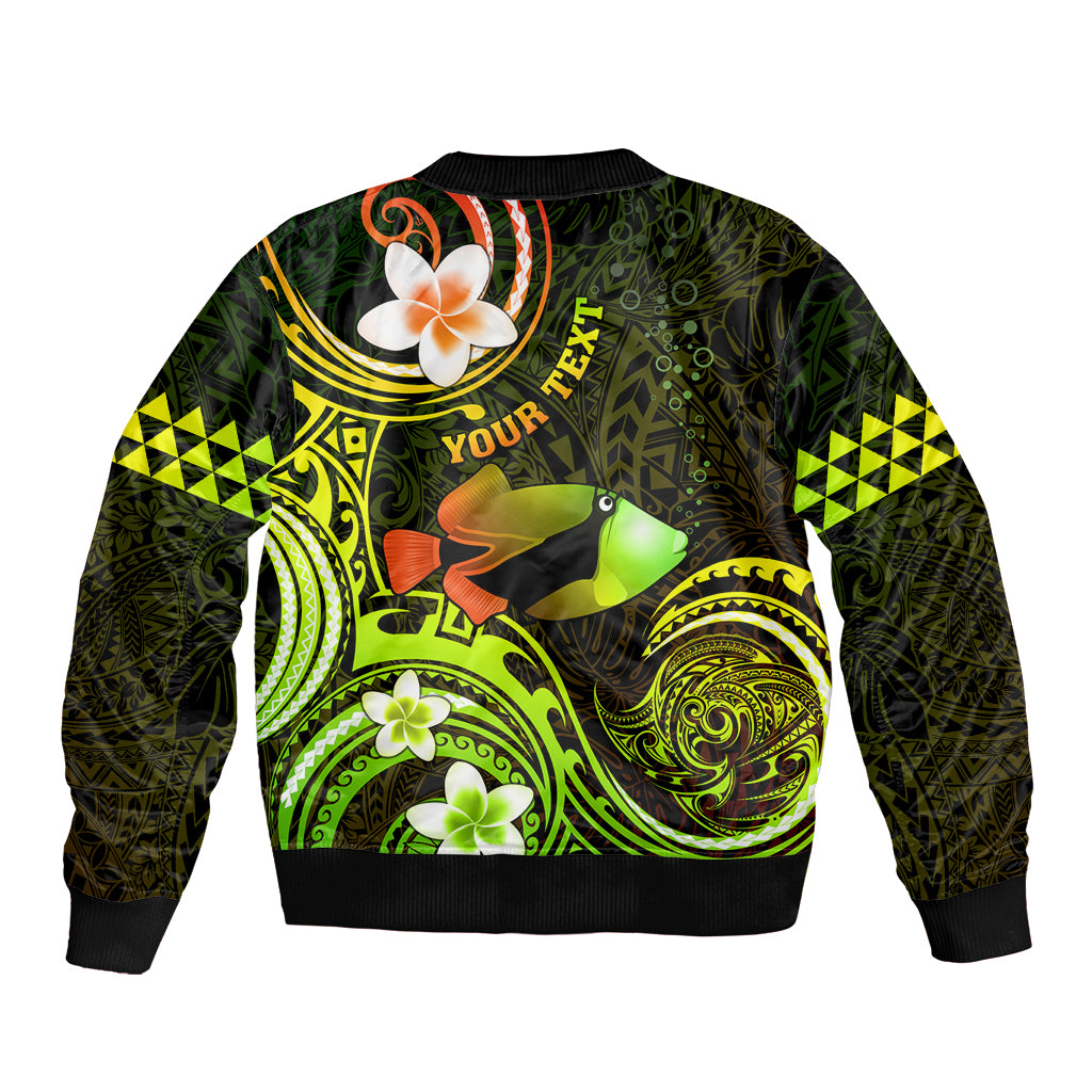 Personalised Hawaii Humuhumu Reef Triggerfish Sleeve Zip Bomber Jacket Reggae With Plumeria LT05 - Polynesian Pride
