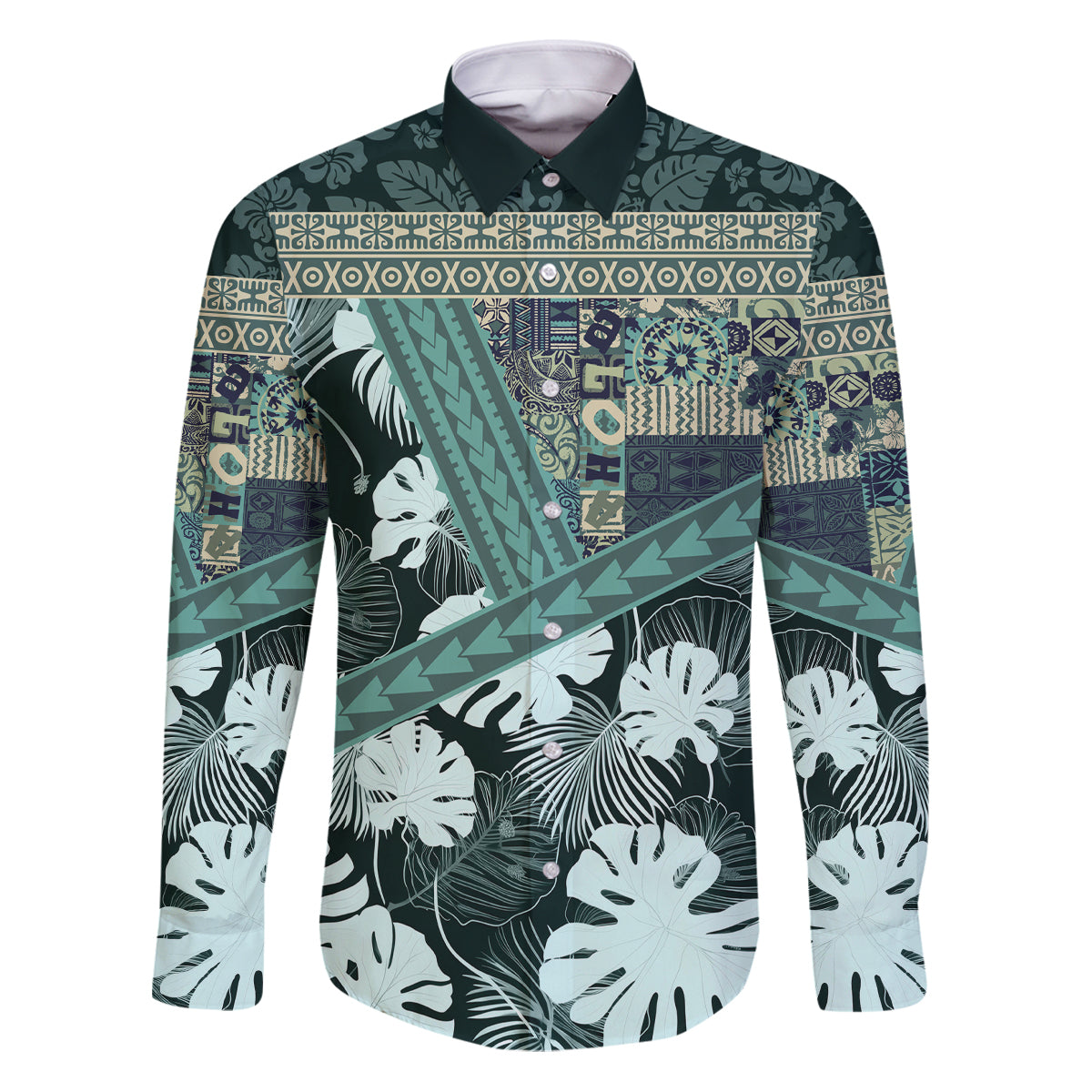 Hawaii Plant Kalo Family Matching Puletasi and Hawaiian Shirt Hawaiian Tapa Pattern LT05 Dad's Shirt - Long Sleeve Green - Polynesian Pride