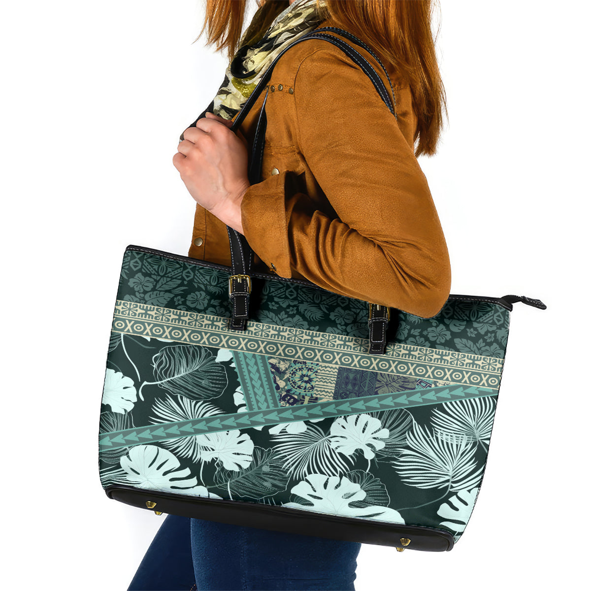 Hawaii Plant Kalo Leather Tote Bag Hawaiian Tapa Pattern LT05 Green - Polynesian Pride