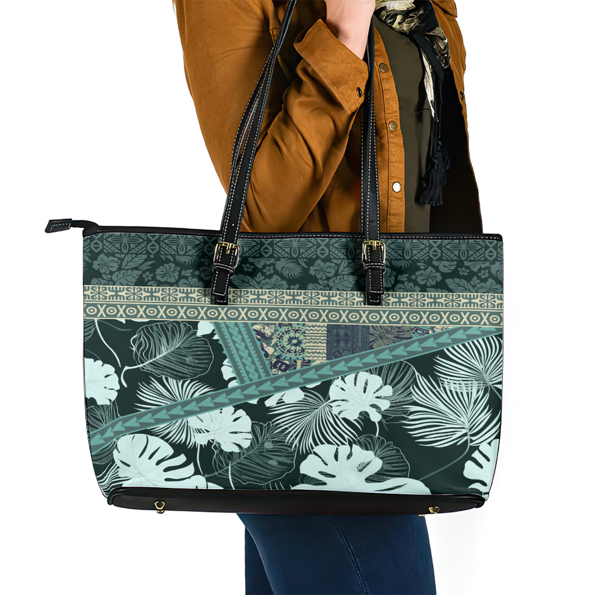 Hawaii Plant Kalo Leather Tote Bag Hawaiian Tapa Pattern LT05 - Polynesian Pride